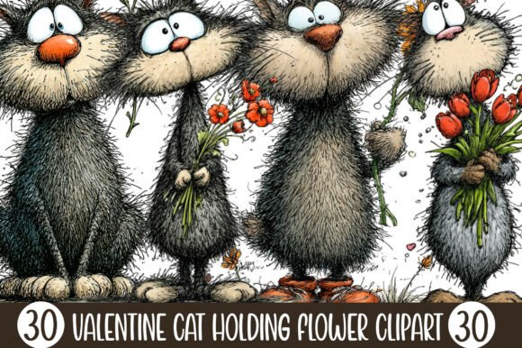 Adorable Valentine Cat Holding Flower Clipart for Your Projects