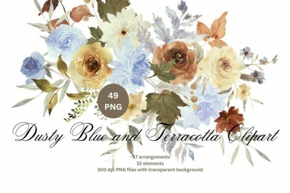 Blue and Terracotta Flowers Clipart PNG: Your Autumn Design Toolkit