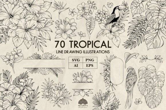 Tropical Plants and Flowers SVG: A Designer's Hand-Drawn Asset
