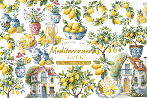 Watercolor Amalfi Lemon Clipart Bundle: Fresh Mediterranean Design Assets