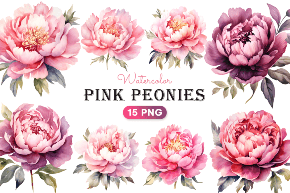 Watercolor Pink Peonies Clipart: 15 Floral Elements for Designers