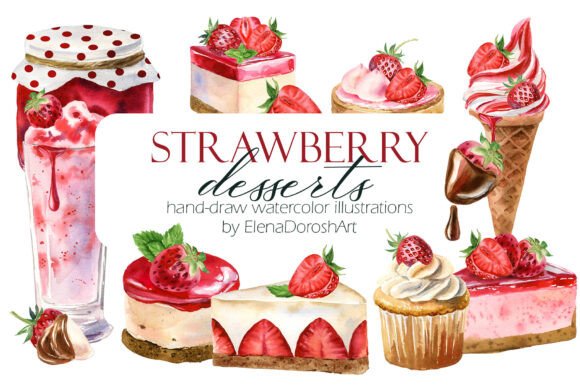 Watercolor Strawberry Desserts ClipArt: Sweet Design Assets
