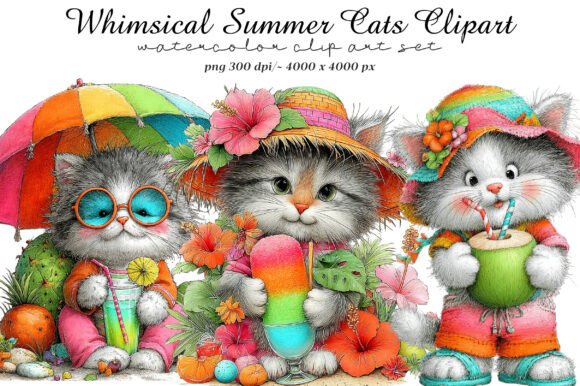 Whimsical Summer Cats Clipart: Your Go-To Design Asset